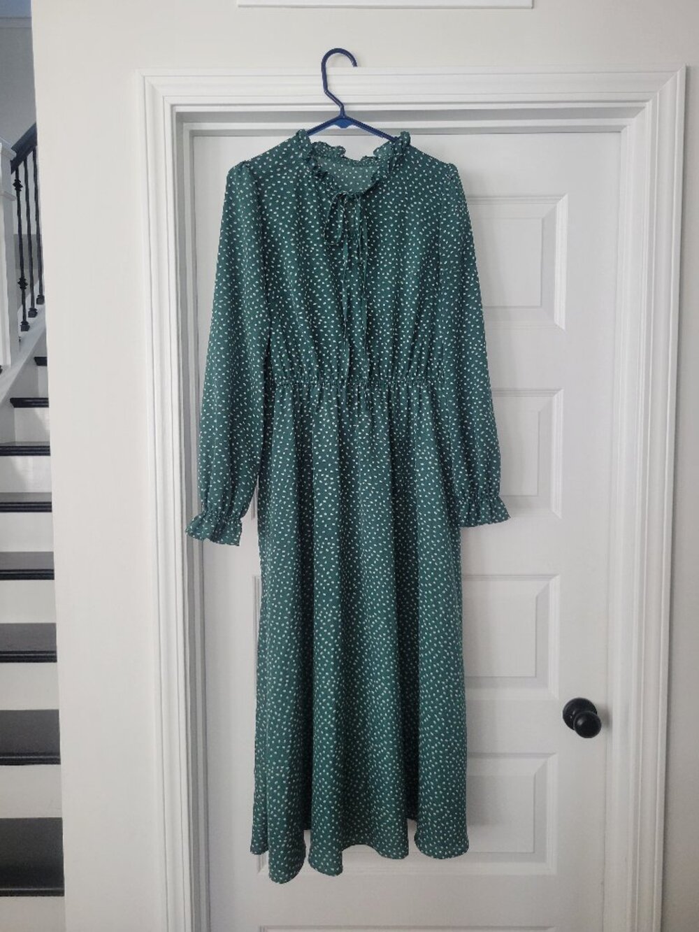Green Polka Dot Prairie Dress M L Ruffle Neck Keyhole Long Sleeves Modest Shein